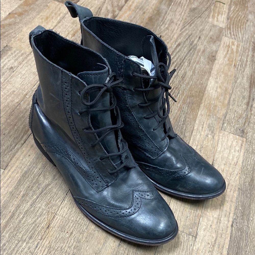 Black Leather Lace-Up Ankle Boots